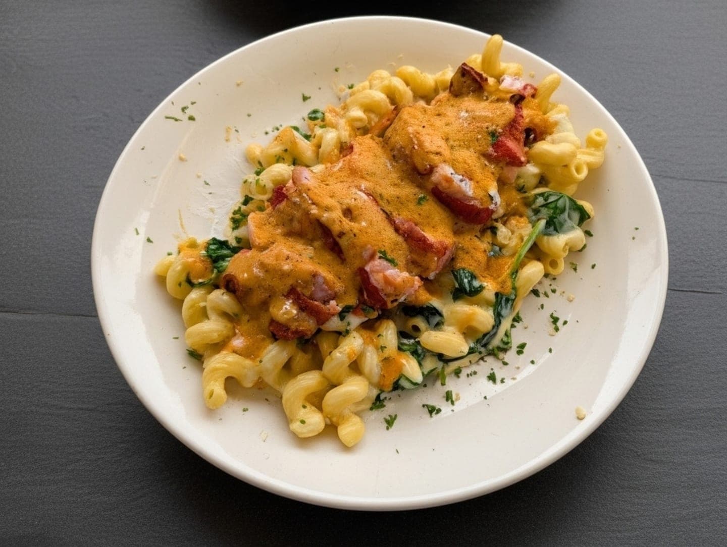 Cavatappi pasta with sliced meat, spinach, and a creamy sauce